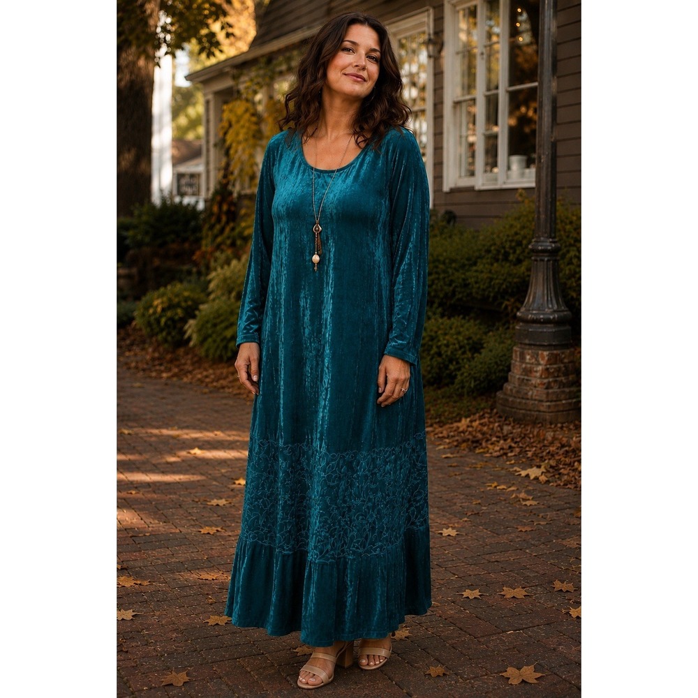 Roaman's Tiered Crinkle Velvet Turquoise 4X Maxi Dress Autumn Wedding Guest NEW
